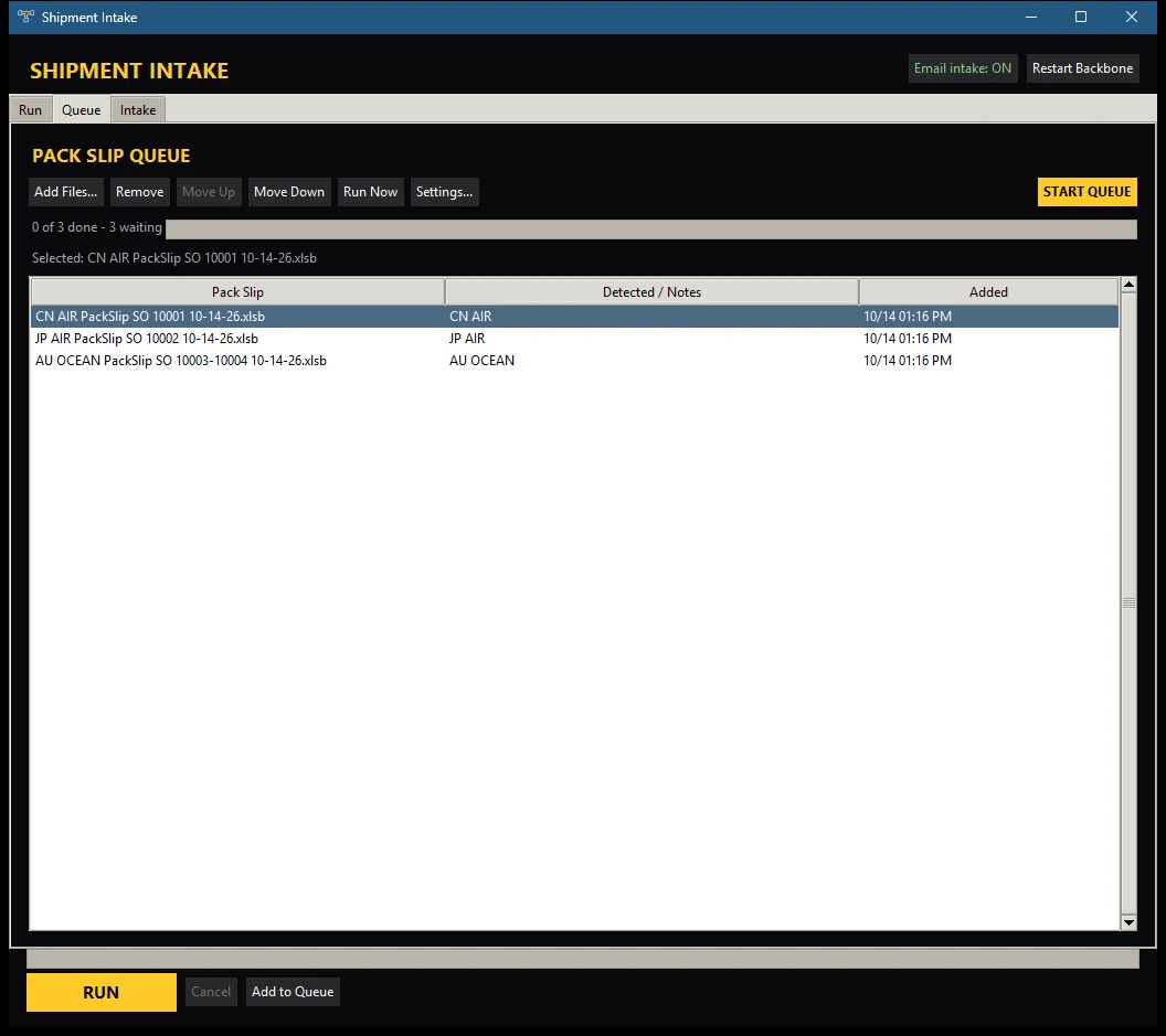 The Shipment Intake window: a pack slip queue with three sample shipments detected as air or ocean.