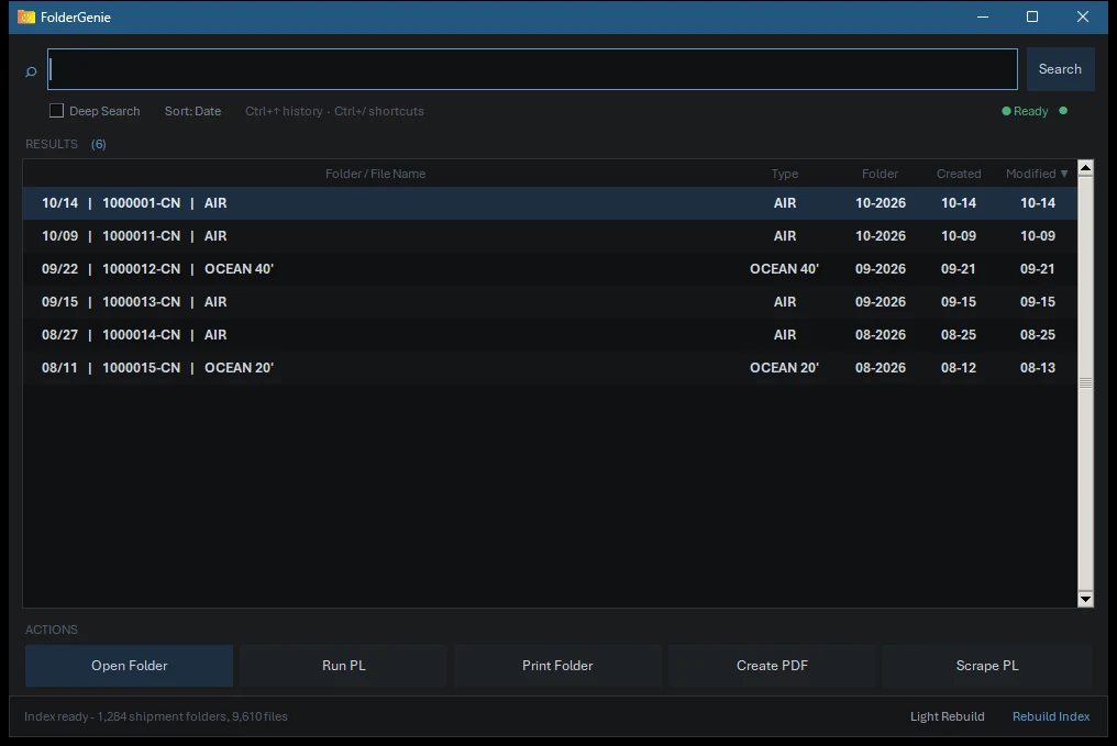 An indexed folder search tool with sample results.